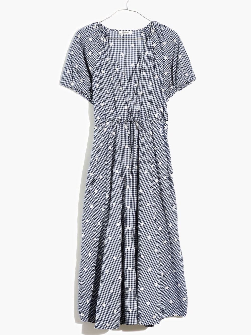 MADEWELL / Navy Embroidered Gingham Faux Wrap Tie-Waist Midi Dress - Sz. L
